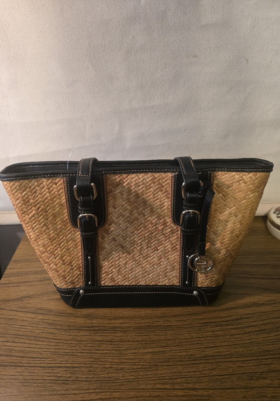 90s Etienne Aigner Woven Straw Tote Black Trim Shoulder Bag